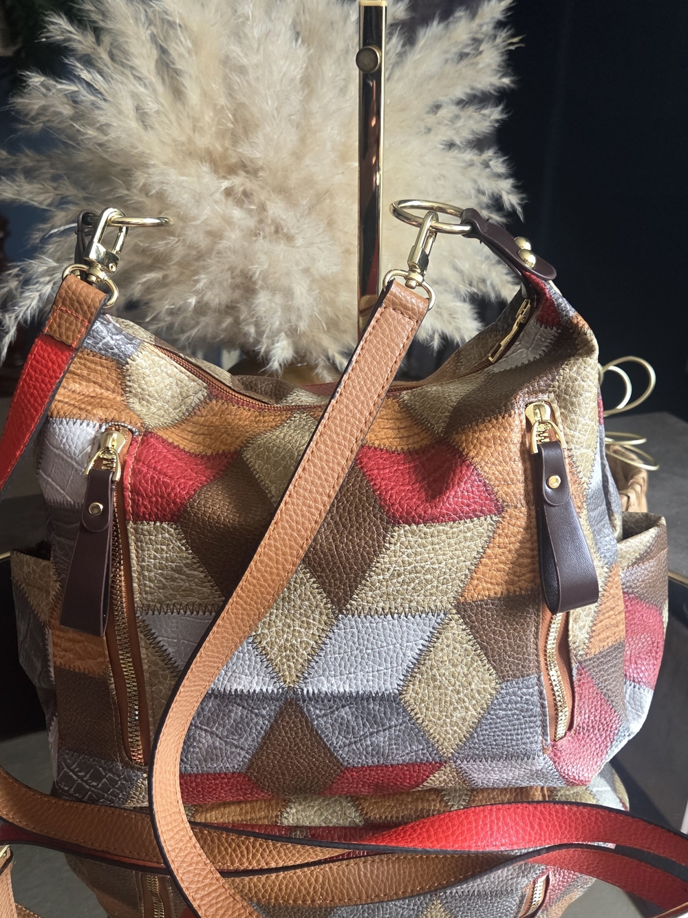 Fall Colorblock Patchwork Hobo Crossbody Bag Geometric Shoulder Purse